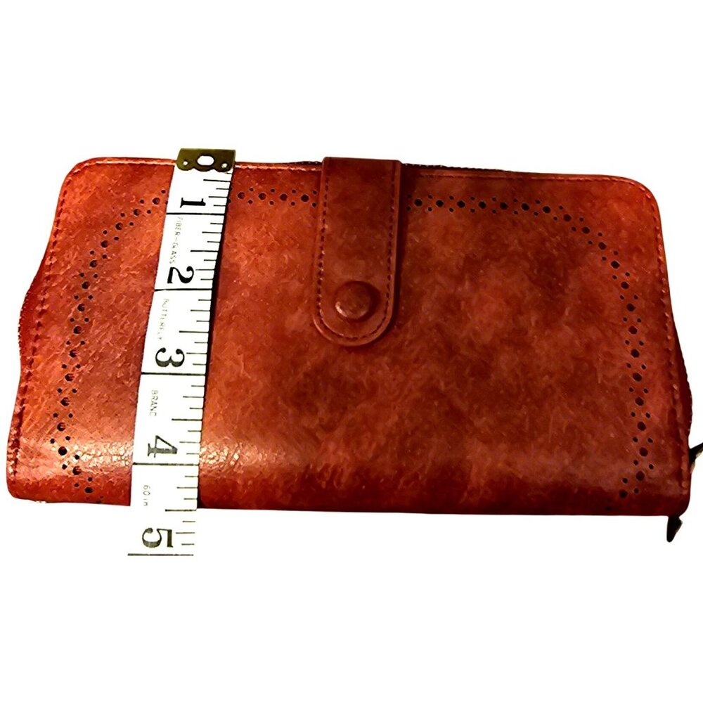 Brown/Red Faux Leather Accordion Wallet With Snap Closure & Zipper Compartments - Picture 8 of 8